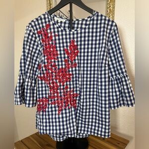 MacDugall & Houston Embroidered Blouse Large Blue Check Ruffled Bell Sleeve Top